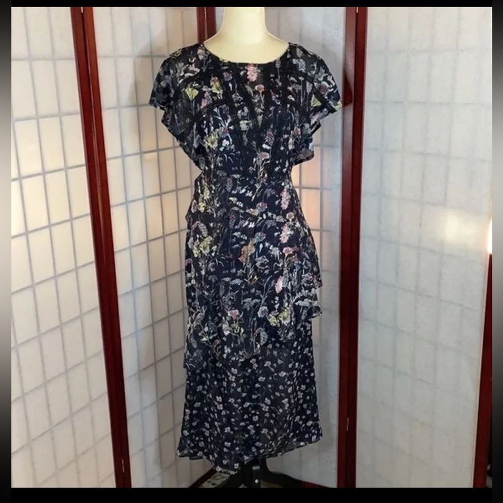Anthropologie Foxiedox “Carolina” Navy Blue Floral Layered Semi-Sheer Midi (2) - Picture 9 of 16